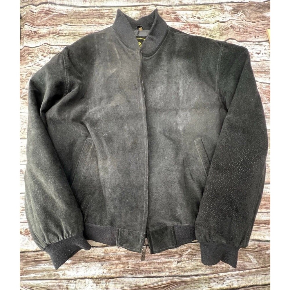 VTG Reed Sportswear Men's Black Suede Leather Zip Front Bomber Jacket - Size XL